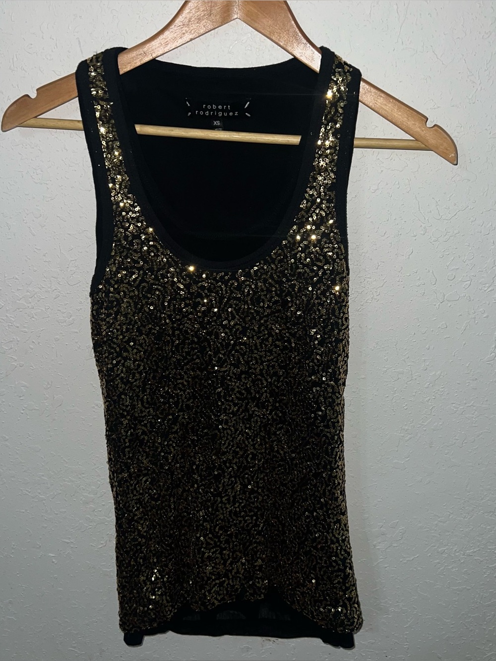 Robert Rodriguez Gold Sequin black tank top Size XS.
